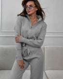 Zip-Up Cropped Knit Cardigan & Drawstring Wide-Leg Trousers Set