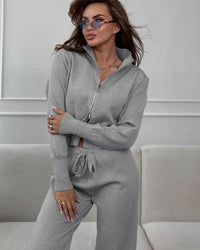 Zip-Up Cropped Knit Cardigan & Drawstring Wide-Leg Trousers Set