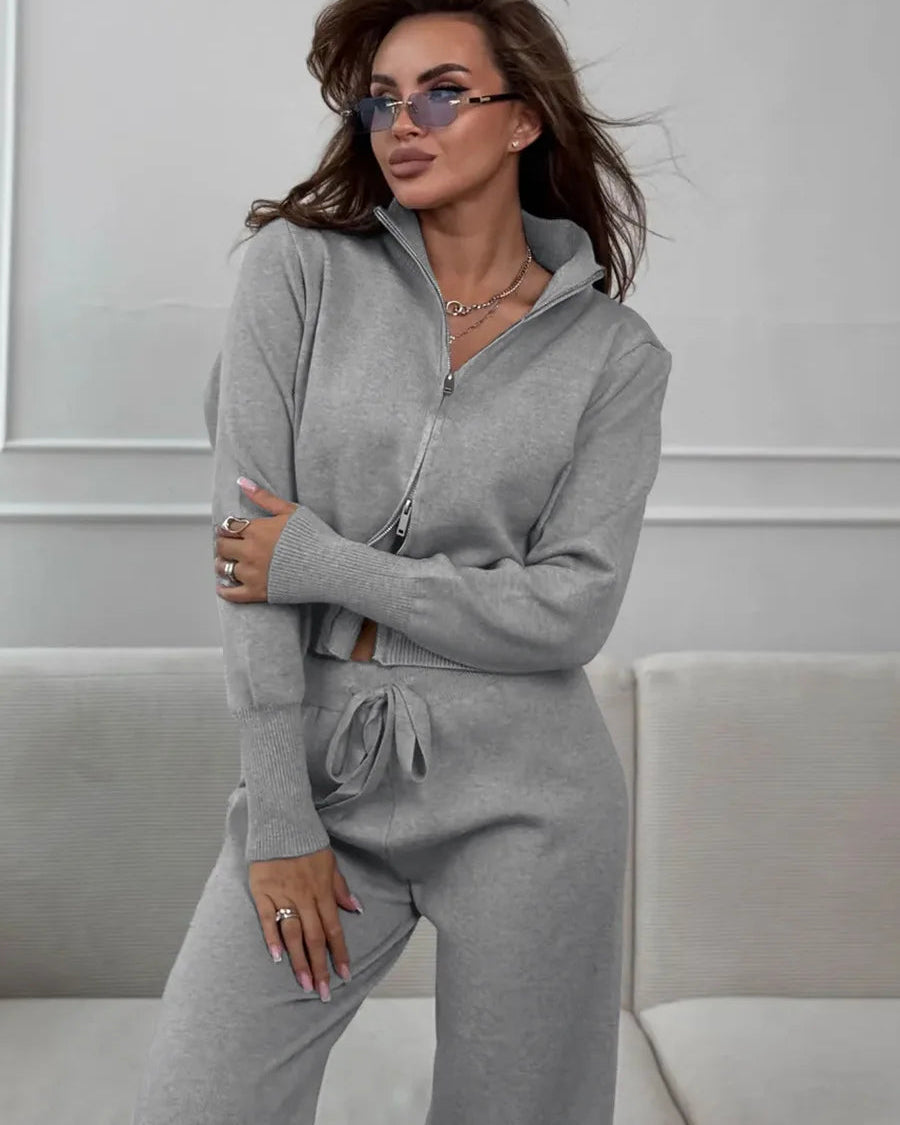 Zip-Up Cropped Knit Cardigan & Drawstring Wide-Leg Trousers Set