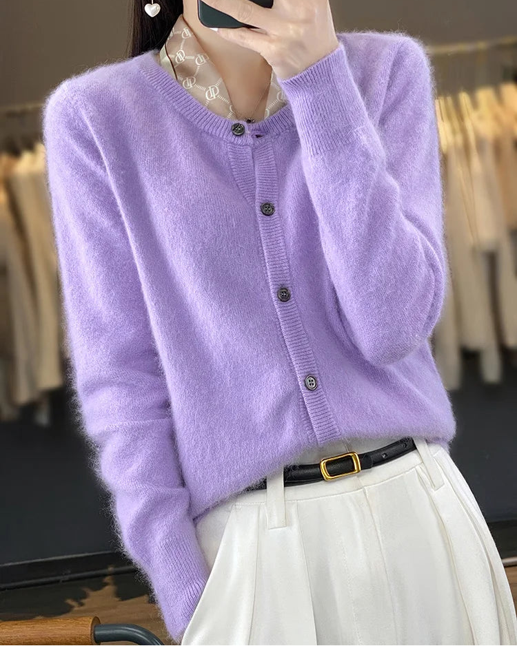 Mink Cashmere Crew Neck Loose Cardigan Sweater