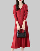 Merino Wool V-Neck Knit Midi Dress