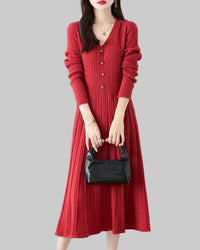 Merino Wool V-Neck Knit Midi Dress