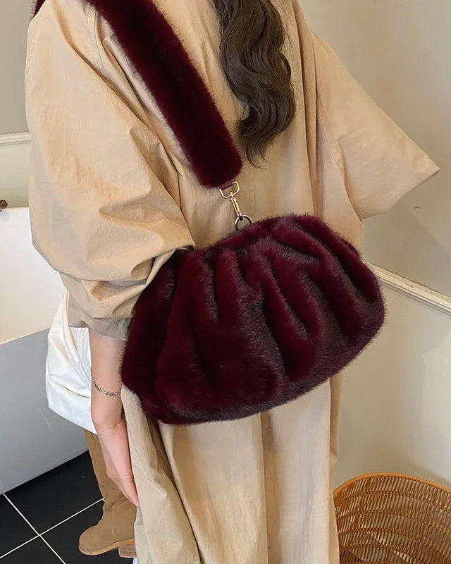 Ruched Faux Fur Cloud Shoulder Bag