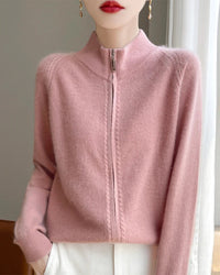 Wool Stand Collar Zip Cardigan
