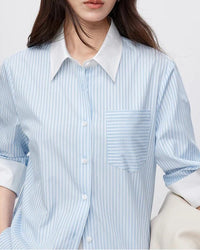 Striped Straight-Cut Long-Sleeved Shirt With Pockets