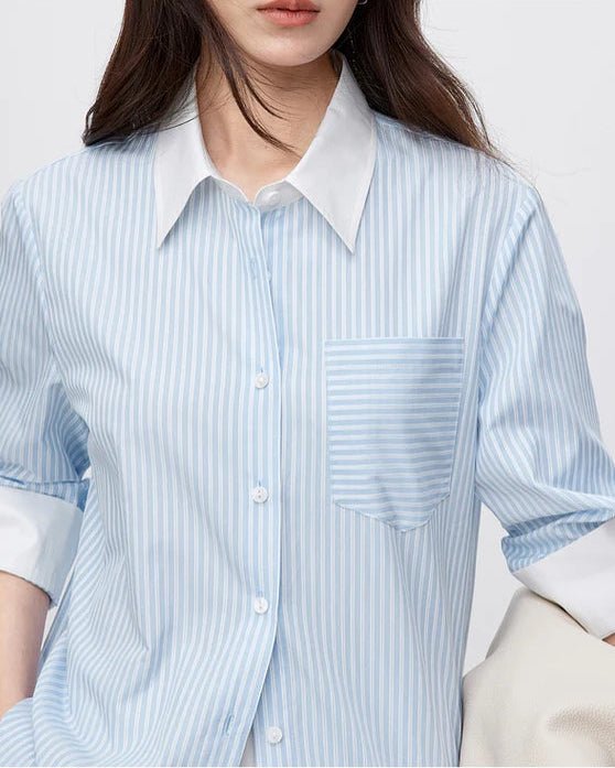 Striped Straight-Cut Long-Sleeved Shirt With Pockets