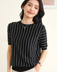Pure Cotton Loose-Fit Vertical Striped T-Shirt