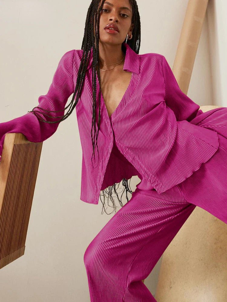 Pleated Long Sleeve Shirt And Pants Set
