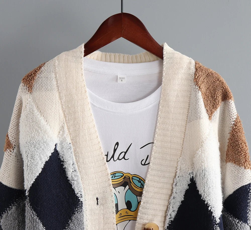 Fleece Patchwork Vintage V-Neck Short Cardigan