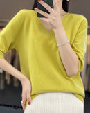 Merino Wool V-Neck Short-Sleeve Sweater