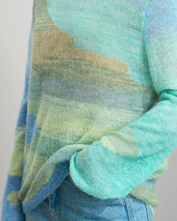 Round Neck Color-Blocked Long-Sleeved Knit Cardigan