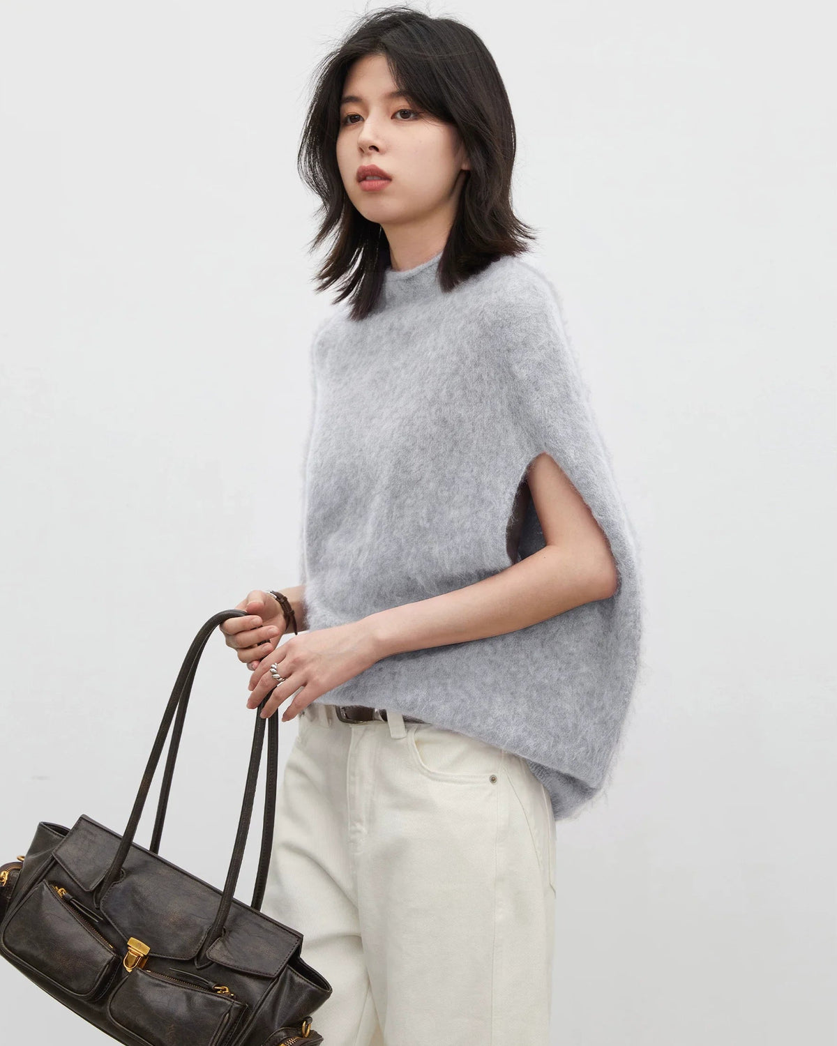 Wool Cashmere Turtleneck Sleeveless Loose Knit Sweater