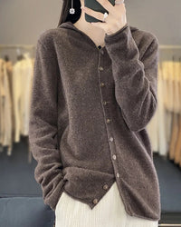 100% merino wool hooded cardigan for women. Buttery soft, anti-pilling single-breasted knit coat — effortless style for autumn & winter.