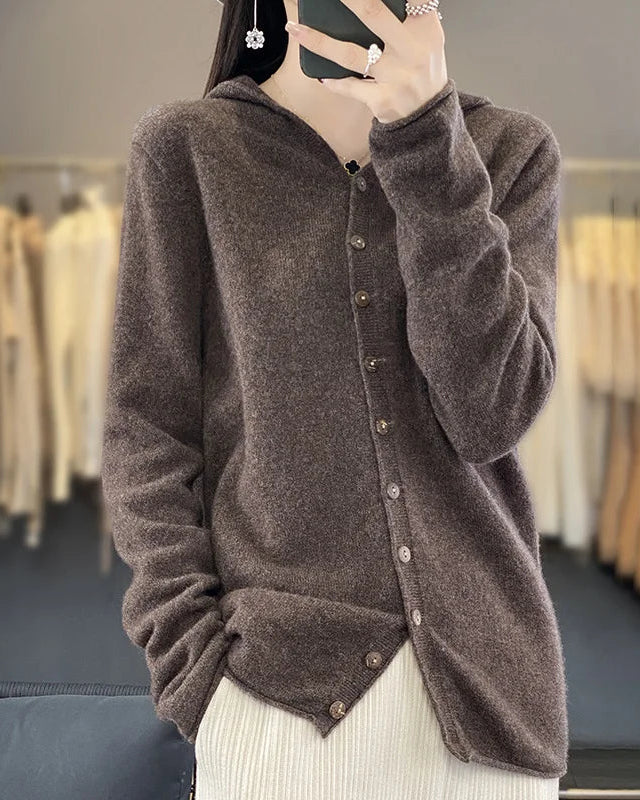 100% merino wool hooded cardigan for women. Buttery soft, anti-pilling single-breasted knit coat — effortless style for autumn & winter.