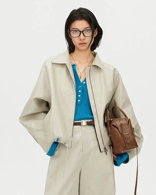 Loose-Fit Zip-Up PU Leather Short Jacket