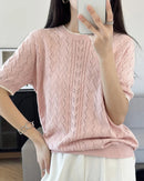 Women's pure cotton herringbone knit short-sleeve t-shirt, featuring a subtle zigzag texture and clean crew neck for soft breathable spring style.