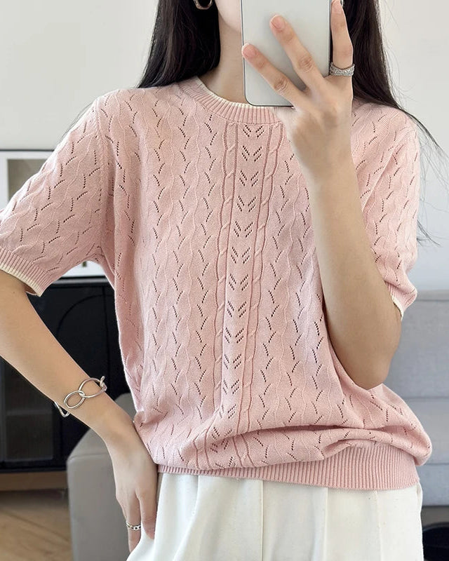 Women's pure cotton herringbone knit short-sleeve t-shirt, featuring a subtle zigzag texture and clean crew neck for soft breathable spring style.