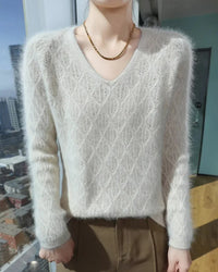 Openwork Mink Cashmere V-Neck Sweater