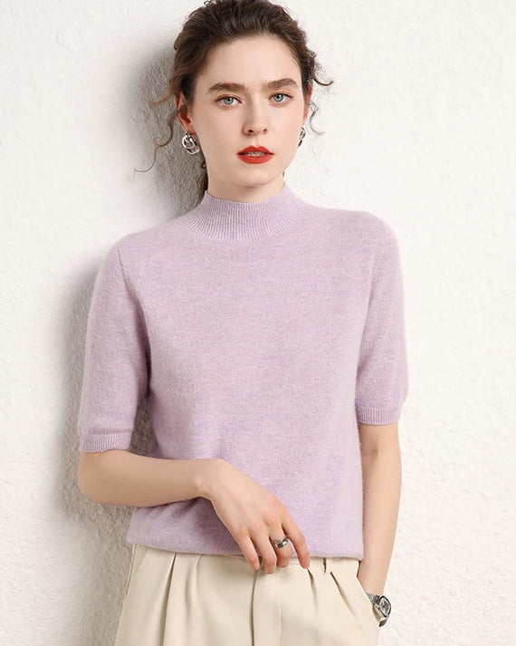 Cashmere Half-Sleeve Mock-Neck Sweater