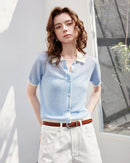 Women's Lake Blue sheer slub knit polo top crafted from a microfiber and polyester blend, featuring a slim fit and color-block silhouette for breathable style from coastal yoga to afternoon brunch.