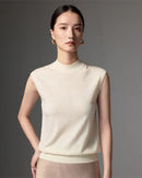 Lightweight worsted wool mock neck sleeveless vest. Machine washable, regular fit, slight stretch.