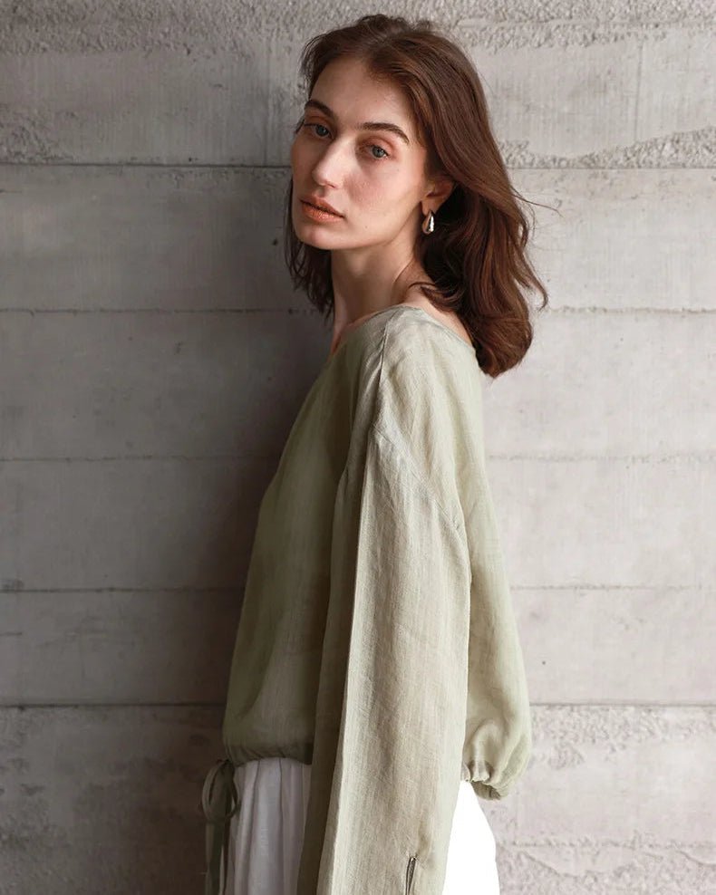 Ramie Crew Neck Long Sleeve Drawstring T-Shirt