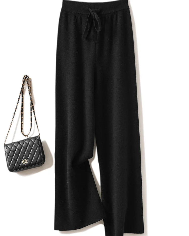 Merino Wool Solid Elastic Waist Wide Leg Knit Trousers