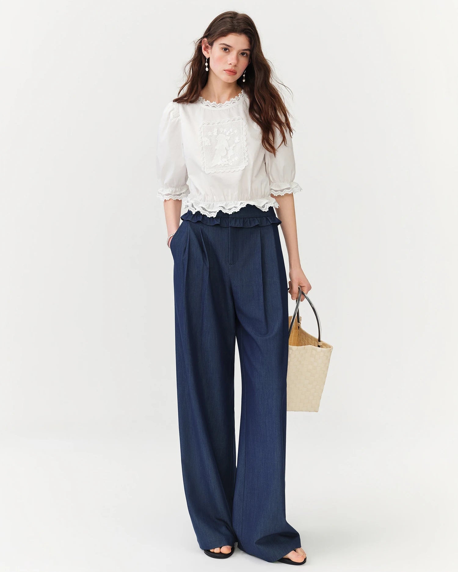 French Puff-Sleeve Cotton Cropped Blouse