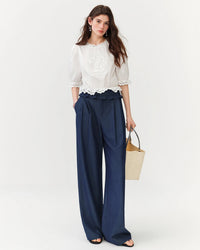 French Puff-Sleeve Cotton Cropped Blouse