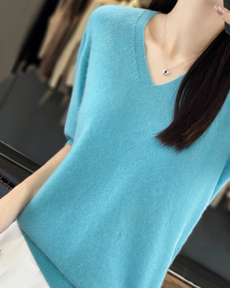 Merino Wool V-Neck Short-Sleeve Sweater