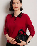 Cashmere Wool Blend Contrast Colour Polo Collar Pullover Sweater