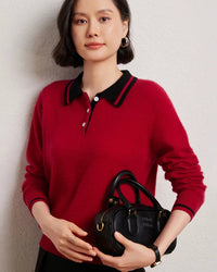 Cashmere Wool Blend Contrast Colour Polo Collar Pullover Sweater