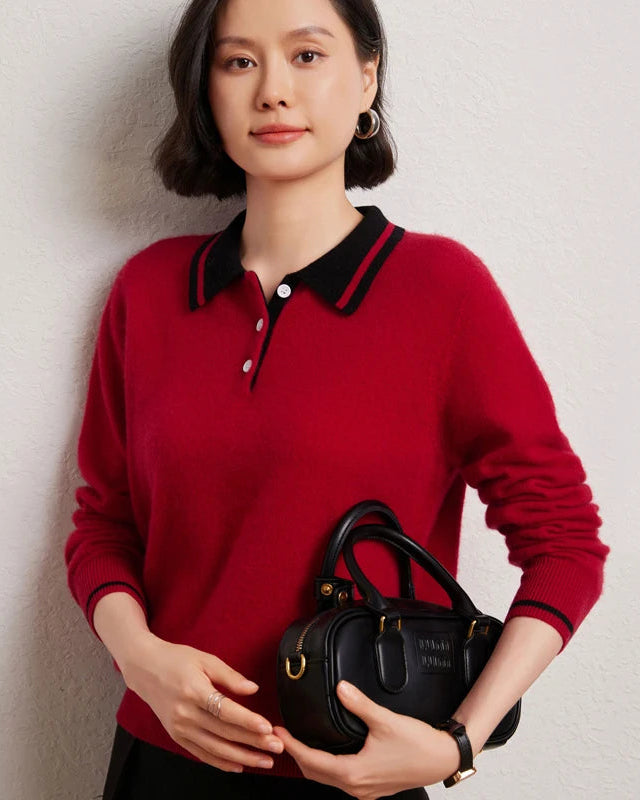 Cashmere Wool Blend Contrast Colour Polo Collar Pullover Sweater