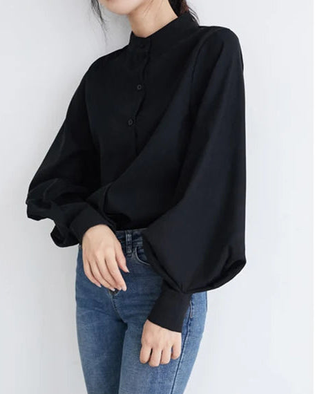 Lantern Sleeve Stand Collar Shirt