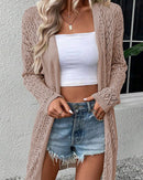 Solid hollow-out open-front loose long knit cardigan. Lightweight, high stretch, and breezy — a casual all-season beach cover-up or layering sweater for women.