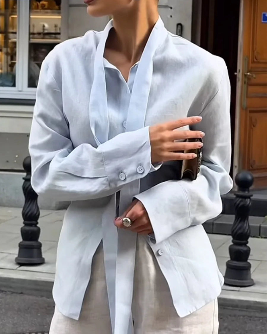 Tie Belt Cotton Shirt Blouse