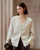 Loose V-Neck Button-Down Long-Sleeved Shirt