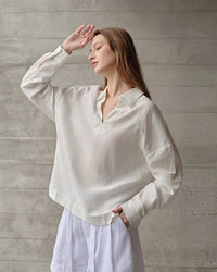 Retro Long-Sleeved V-Neck Casual Loose Shirt