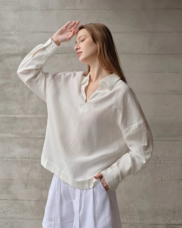 Retro Long-Sleeved V-Neck Casual Loose Shirt