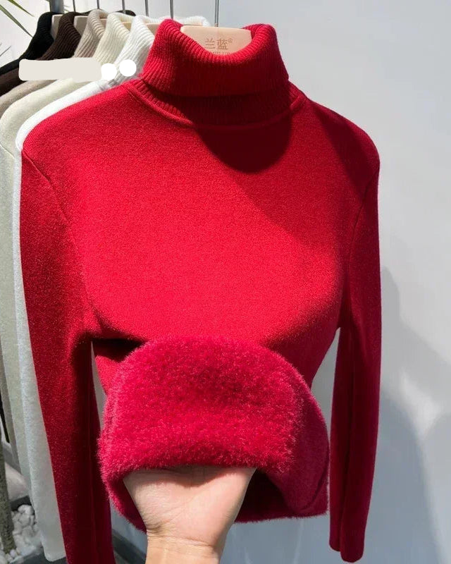 Thick Velvet-Lined Turtleneck Pullover