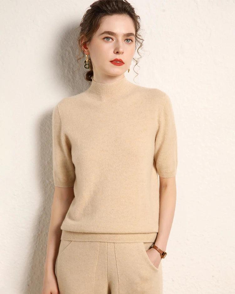 Cashmere Half-Sleeve Mock-Neck Sweater
