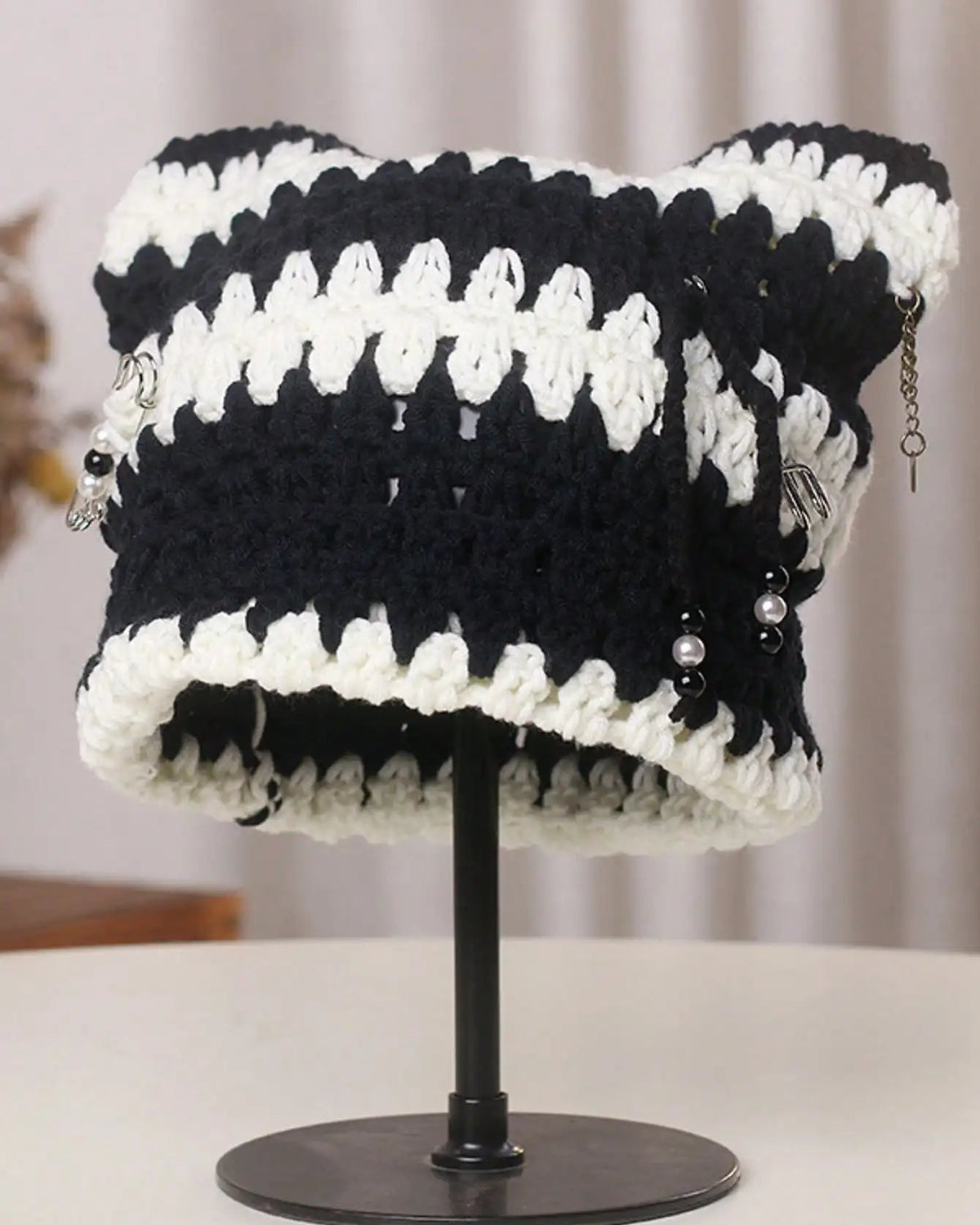Striped Crochet Cat-Ear Beanie