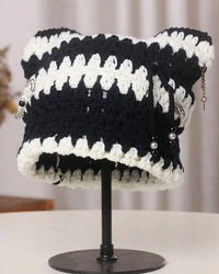 Striped Crochet Cat-Ear Beanie