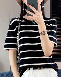 Women's Patchwork Cotton Knit Crew Neck Tee. Soft cotton knit, patchwork detail, relaxed fit.