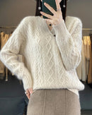 Mink Cashmere Argyle V-Neck Cable Knit Pullover