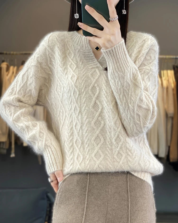 Mink Cashmere Argyle V-Neck Cable Knit Pullover