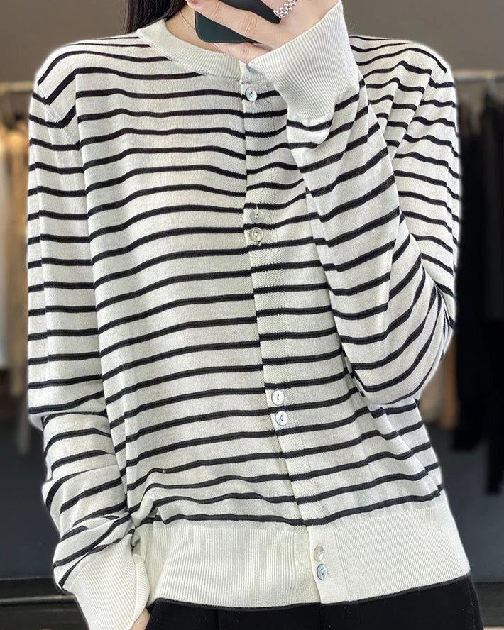 Fine Wool Striped Knit Cardigan
