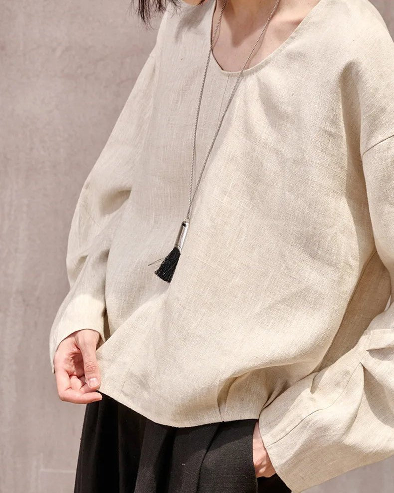 Fashionable Linen U-Neck Long-Sleeved Shirt