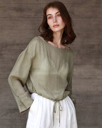 Ramie Crew Neck Long Sleeve Drawstring T-Shirt