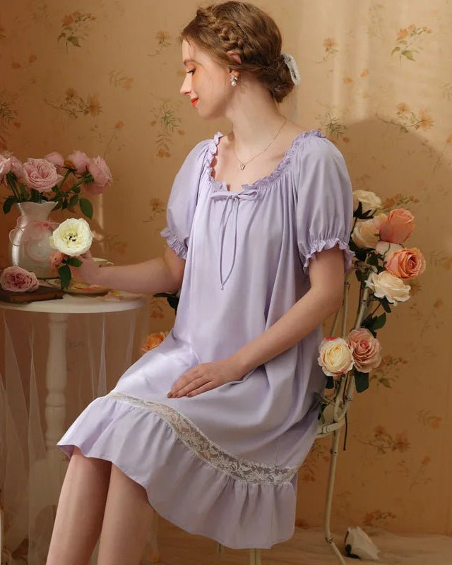 Cotton Short Sleeves Lace Nightdress